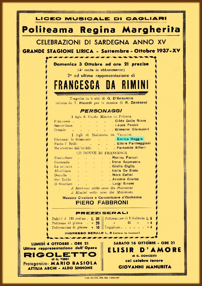 Cagliari - Grande Stagione Lirica - Settembre - Ottobre - 1937 