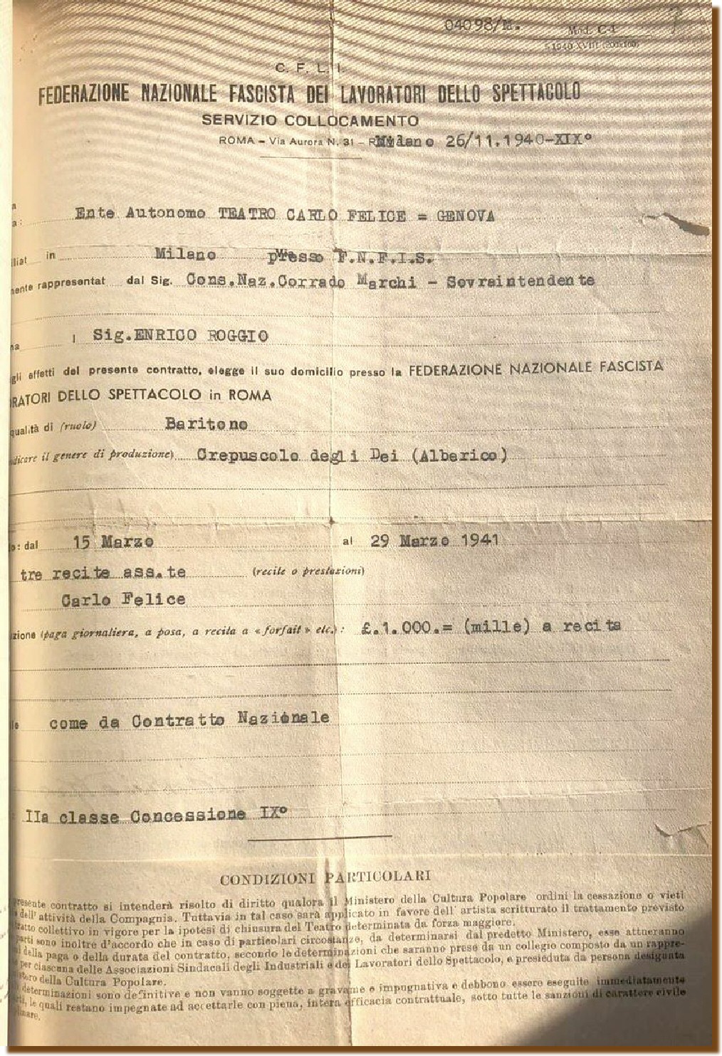 Contratto CarloFelice Genova 1941 