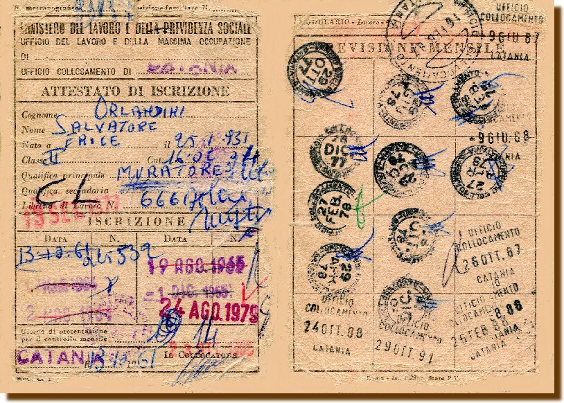 ATTESTATO DI ISCRIZIONE - Ufficio di Collocamento - ORLANDINI Salvatore 13 OTTOBRE 1961 