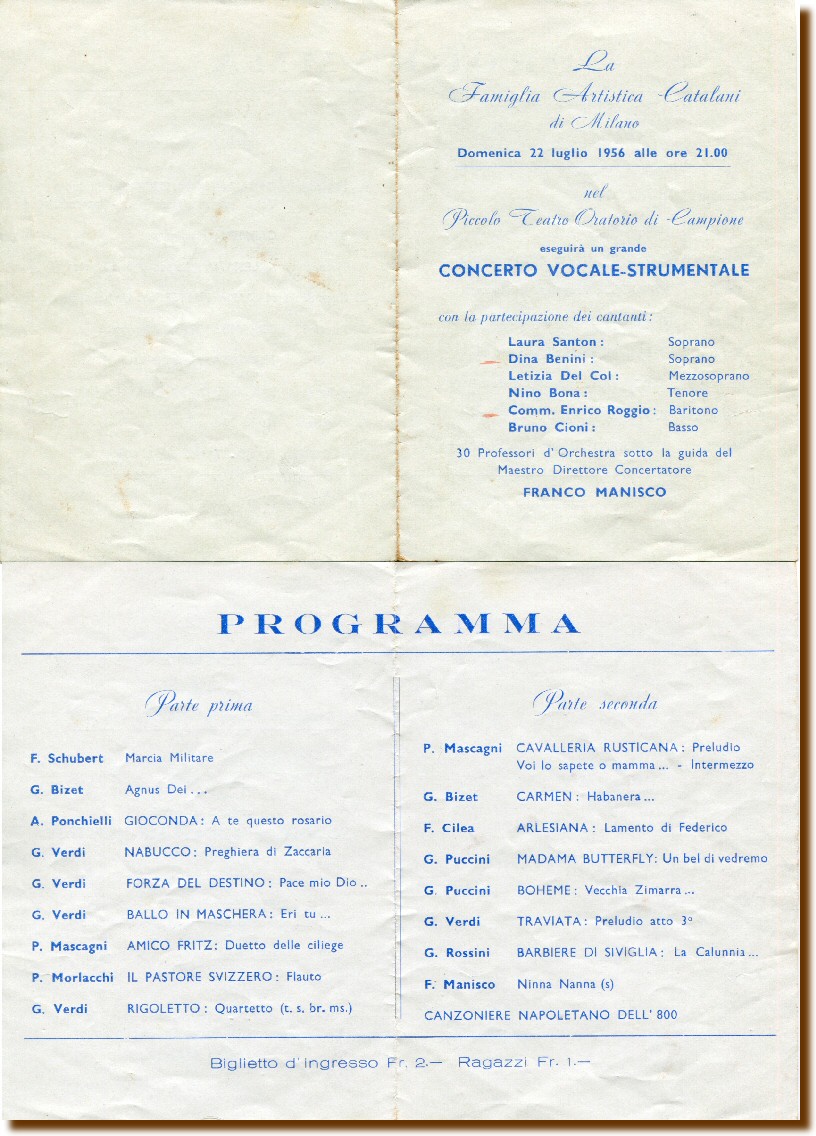 Milano 22 luglio 1956 - Concerto Vocale-Strumentale con Roggio Enrico e Benini Dina. 