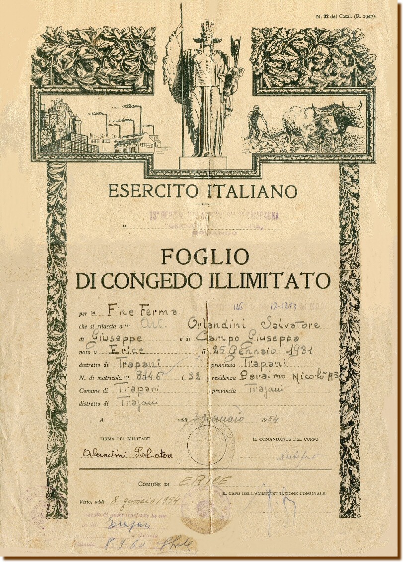 FOGLIO DI CONGEDO ILLIMITATO - ORLANDINI Salvatore 9 GENNAIO 1954  