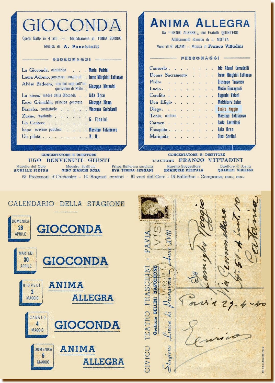 Pavia 29 aprile 1940 - Cartolina Stagione Lirica di Primavera (famiglia Roggio) 