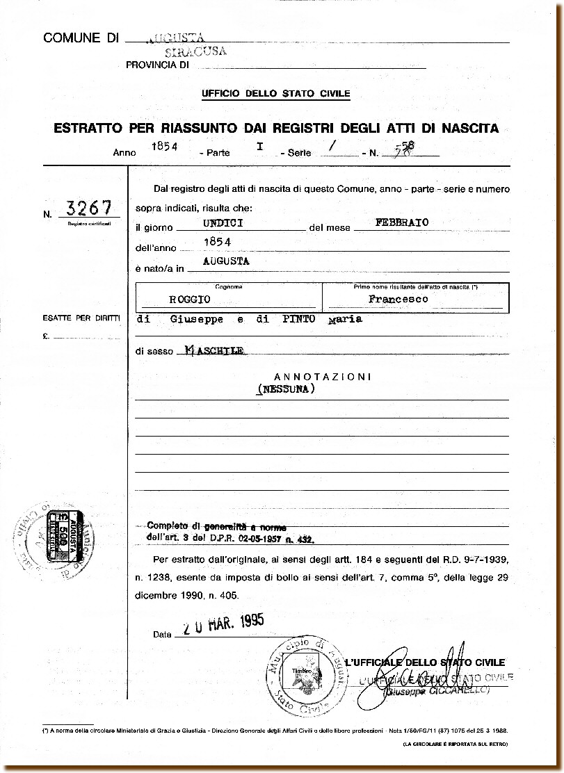 ESTRATTO DI NASCITA - Roggio Francesco 11 febbraio 1854 