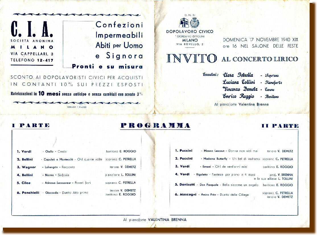 Invito al Concerto Lirico del 17 novembre 1940 - Milano 