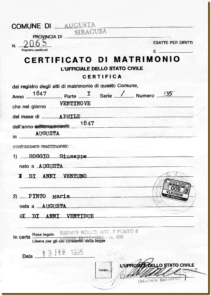 CERTIFICATO DI MATRIMONIO - Roggio Giuseppe e Pinto Maria 29 aprile 1847  