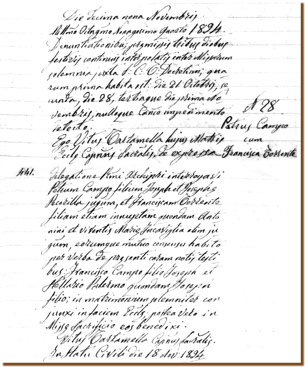 ATTO DI MATRIMONIO PARROCCHIALE - CAMPO Pietro & TORRENTE Francesca 18 nNOVEMBRE 1894 