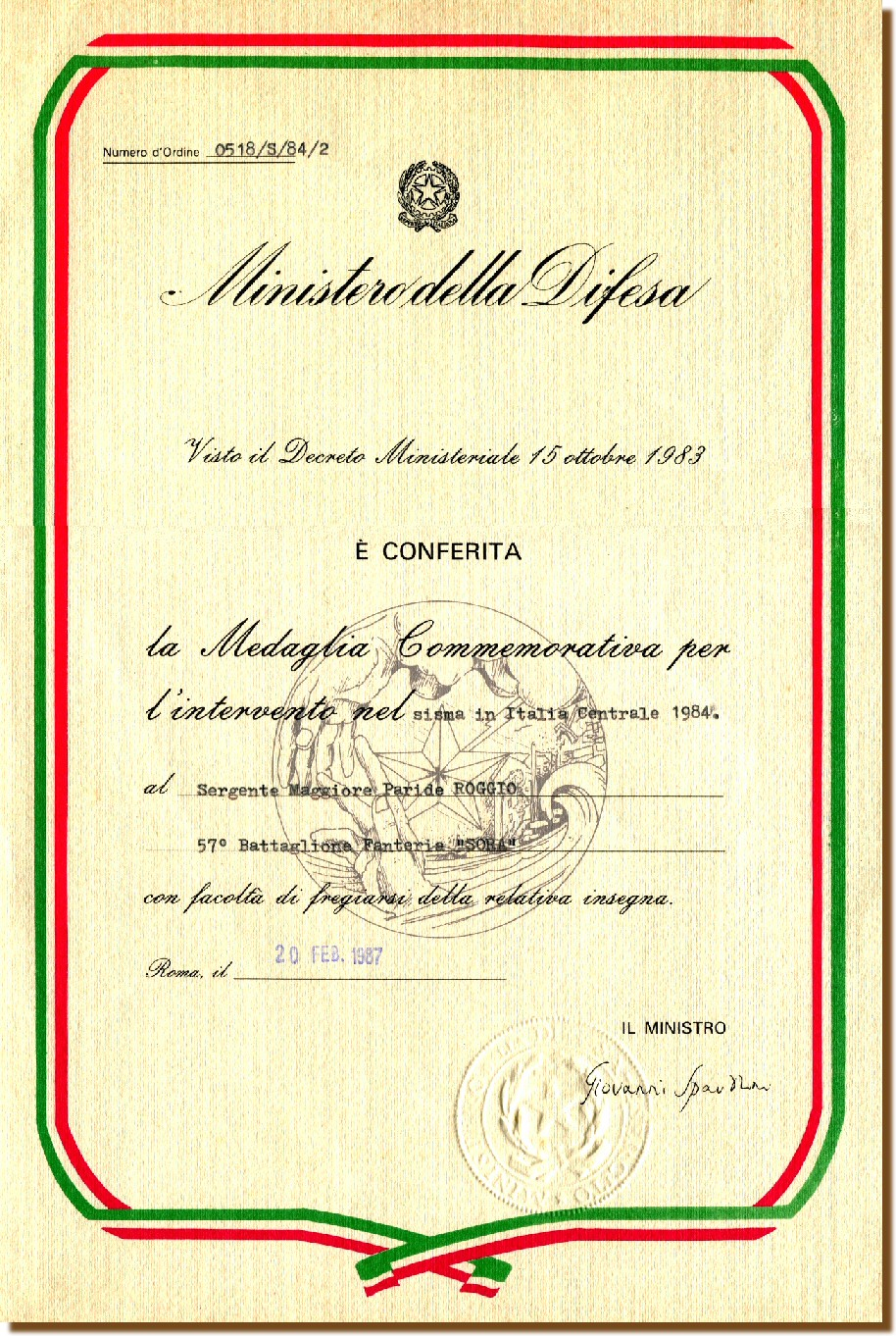 Medaglia Commemorativa Sisma 1984 