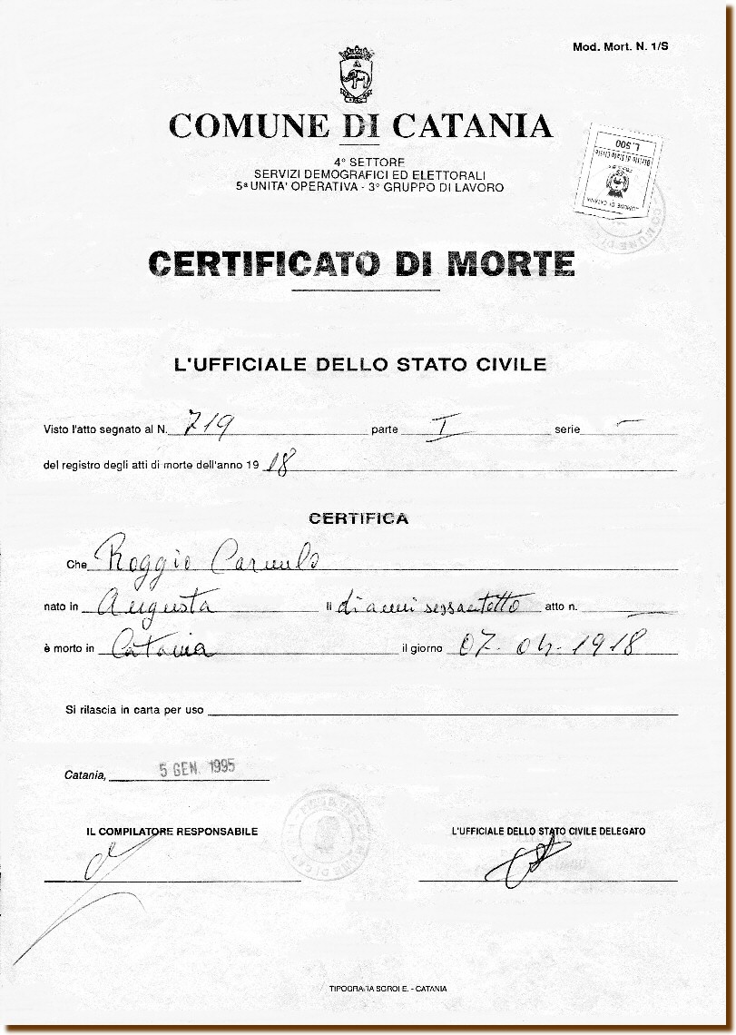 CERTIFICATO DI MORTE - Roggio Carmelo 7 aprile 1918 