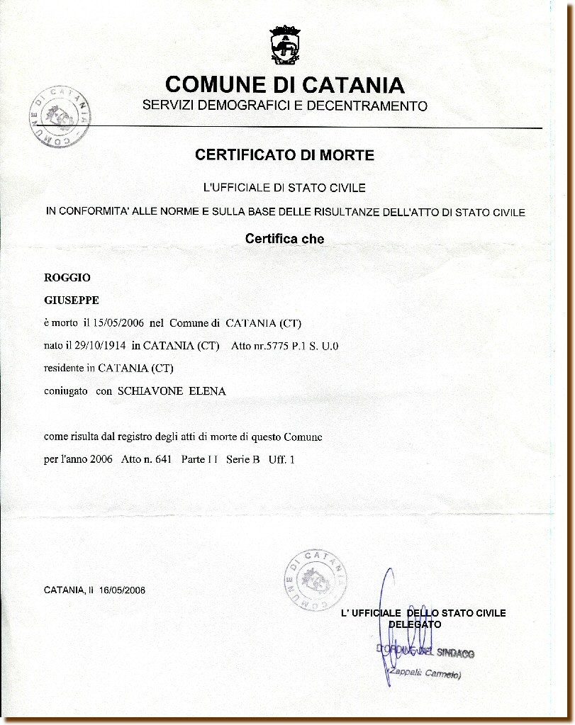 CERTIFICATO DI MORTE - Roggio Giuseppe 15 maggio 2006 
