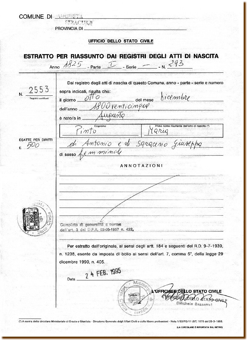 ESTRATTO DI NASCITA - Pinto Maria 8 dicembre 1825 