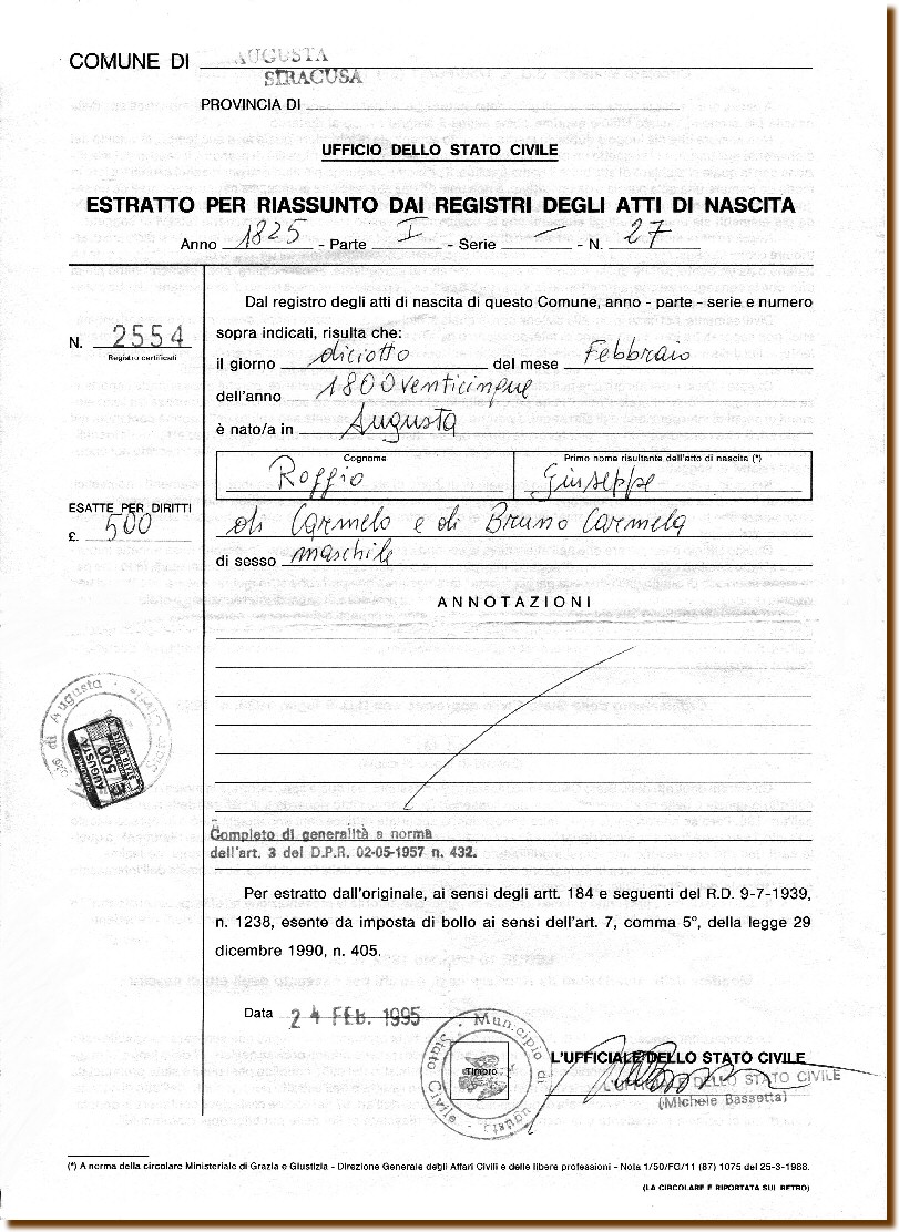 ESTRATTO DI NASCITA - Roggio Giuseppe 18 febbraio 1825 