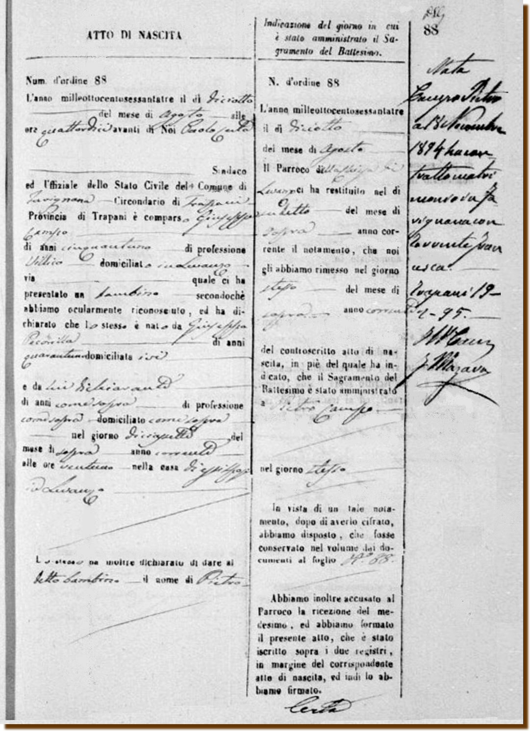 ATTO DI NACITA E BATTESIMO - CAMPO Pietro 17 AGOSTO 1863 