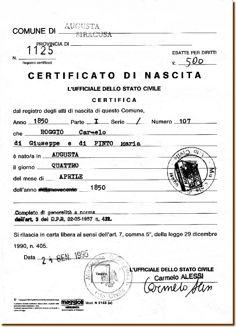 CERTIFICATO DI NASCITA - Roggio Carmelo 4 aprile 1850 