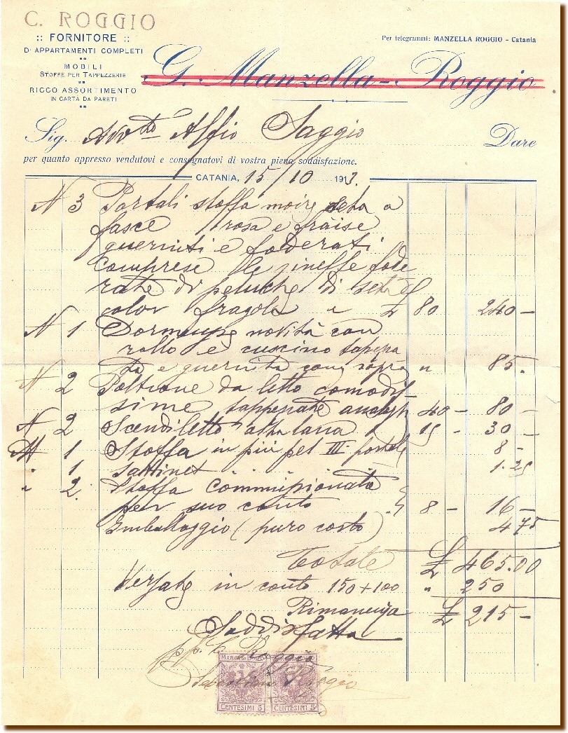 15 ottobre 1913 Catania: Ricevuta della ditta "Roggio Carmelo e Manzella Gesualdo" firmata pro procurationem (p.p.) da Roggio Sebastiano.