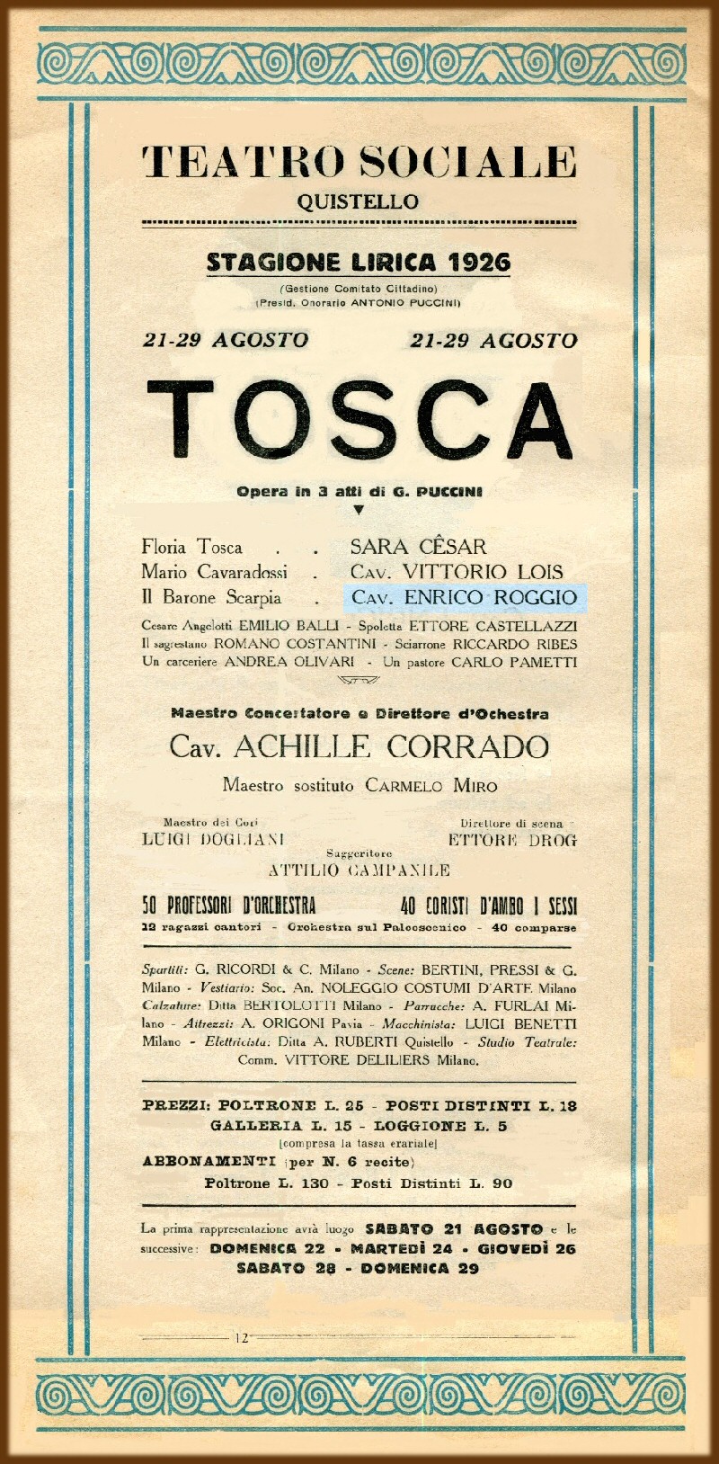 Quistello (MN) - Stagione Lirica 1926 - Tosca - Teatro Sociale 