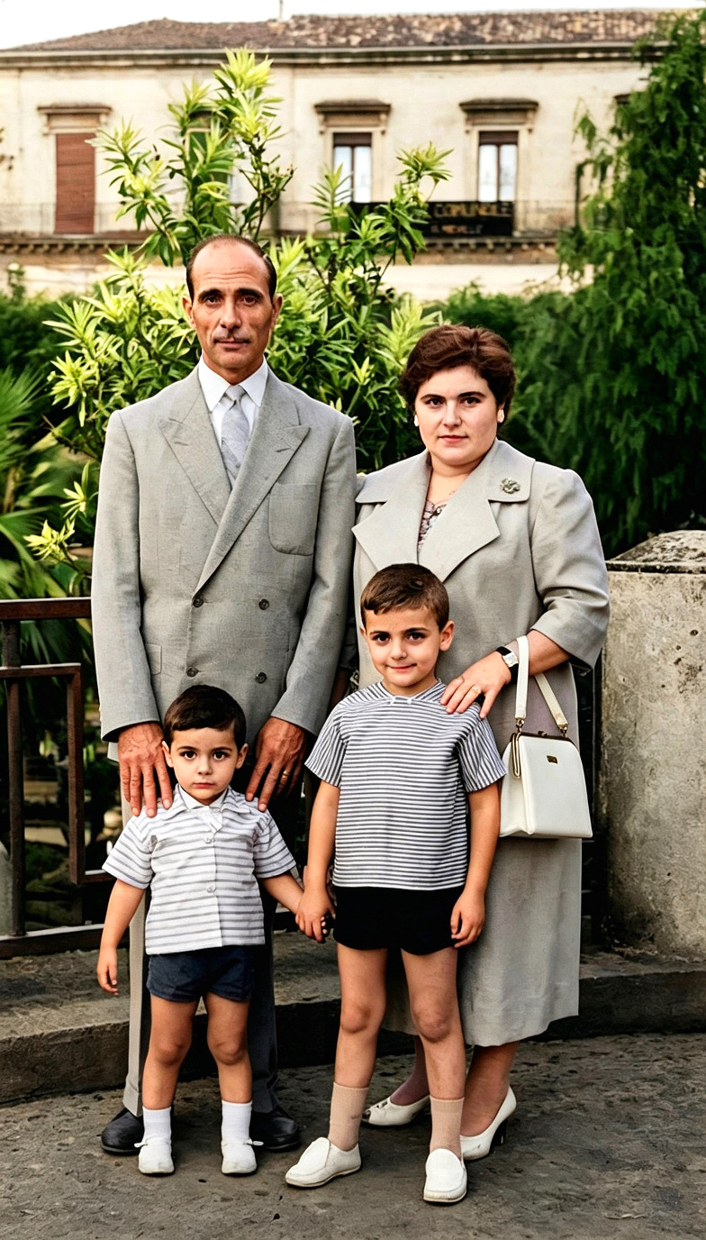 1959 - Catania - Villa Bellini: Roggio Giuseppe, Schiavone Elena, Roggio Paride e Roggio Dario 