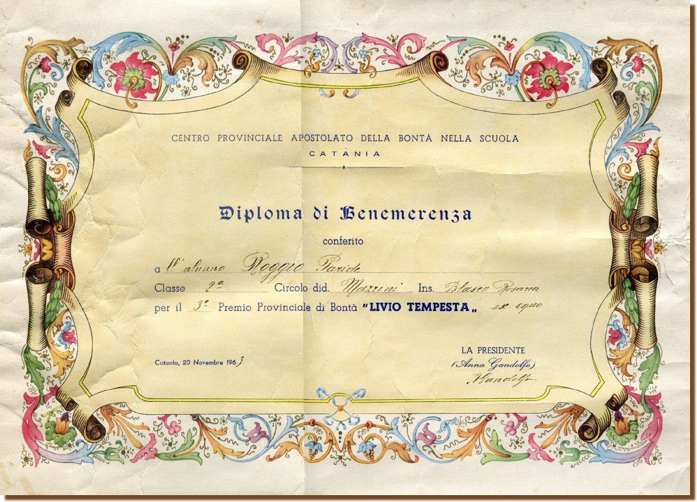 Diploma di Benemerenza - Roggio Paride 