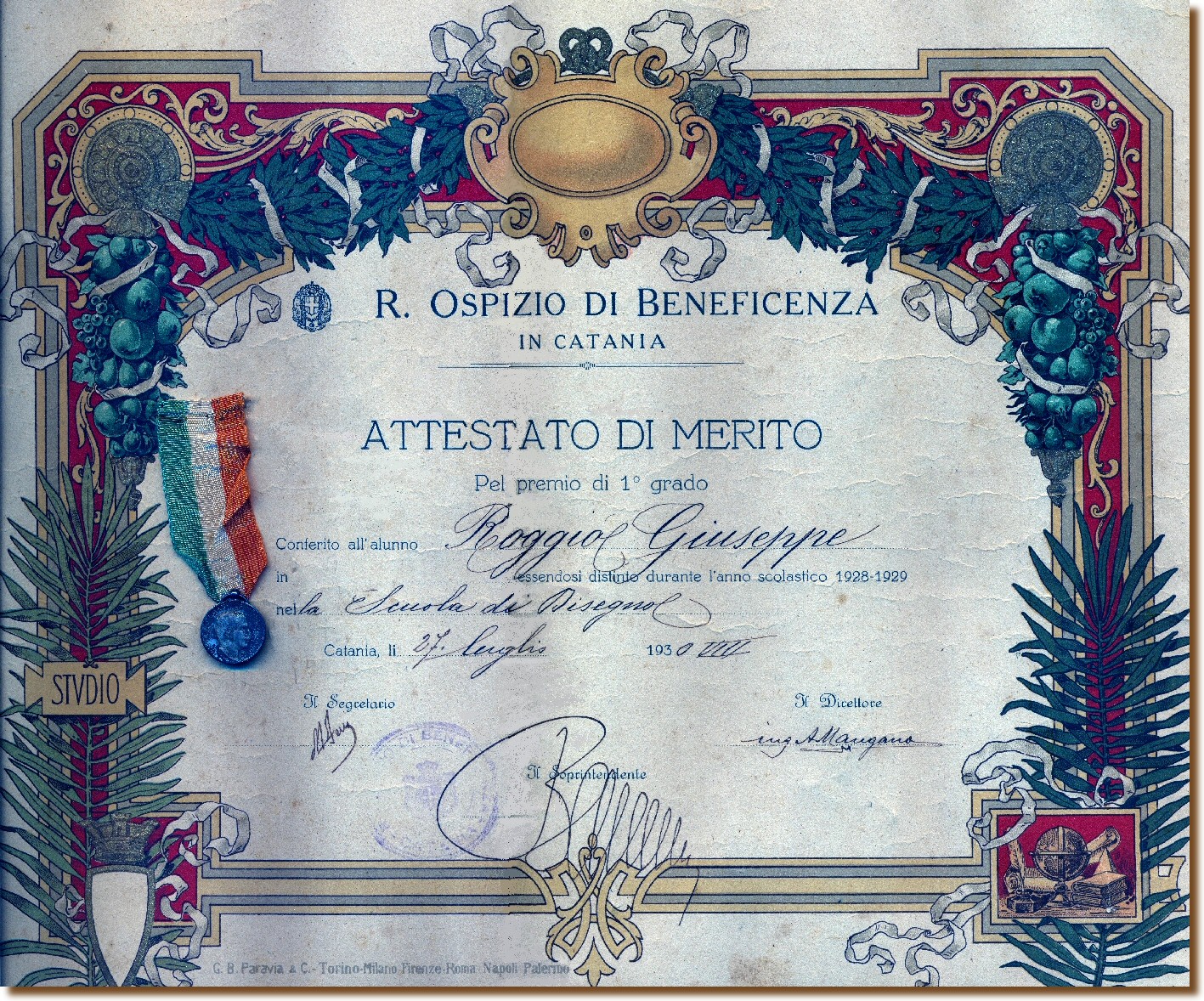 27 luglio 1930 Catania: Roggio Giuseppe - premio di 1� grado nella Scuola di Disegno.