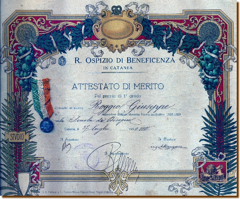 27 luglio 1930 Catania: Roggio Giuseppe - premio di 1� grado nella Scuola di Disegno.