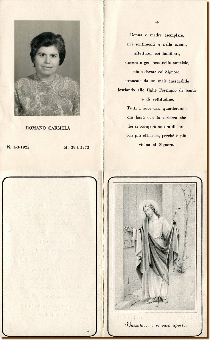 RICORDINO LUTTO DEFUNTI - ROMANO Carmela - 29 gennaio 1972 