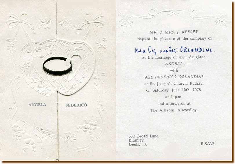 PARTECIPAZIONE MATRIMONIO - ORLANDINI Federico & KEELEY Angela 10 GIUGNO 1978  