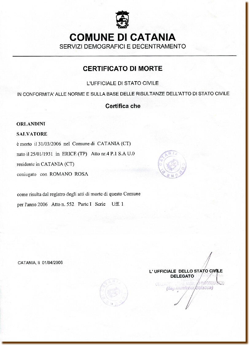 CERTIFICATO DI MORTE -  ORLANDINI Salvatore 31 MARZO 2006  